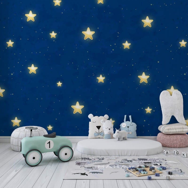 خلفية بدون درزات مع نجوم ذهبية لامعة على رسم توضيحي للسماء الزرقاء الداكنة، ورق حائط من القماش يغطي مساحة تصل إلى 4.2 متر × 3 متر باستخدام أداة لاصقة وتنعيم