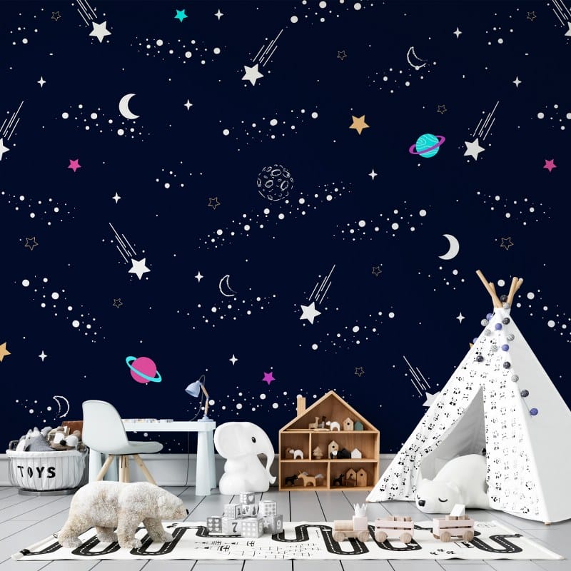 Seamless pattern planets star and moon at dark space Fabric Wallpaper Covers an area up to 4.2mX3m with adhesive and smoothing tool