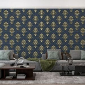 Amazing Seamless golden ornament on dark blue background Fabric Wallpaper Covers an area ​​up to 4.2mX3m with adhesive  and smoothing tool