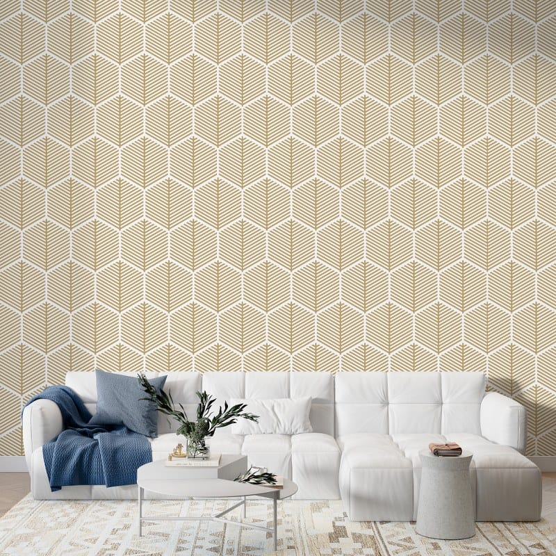 ورق حائط من القماش بنمط هندسي تجريدي بخطوط ذهبية وبيضاء يغطي مساحة تصل إلى 4.2 متر × 3 متر مع أداة لاصقة وتنعيم