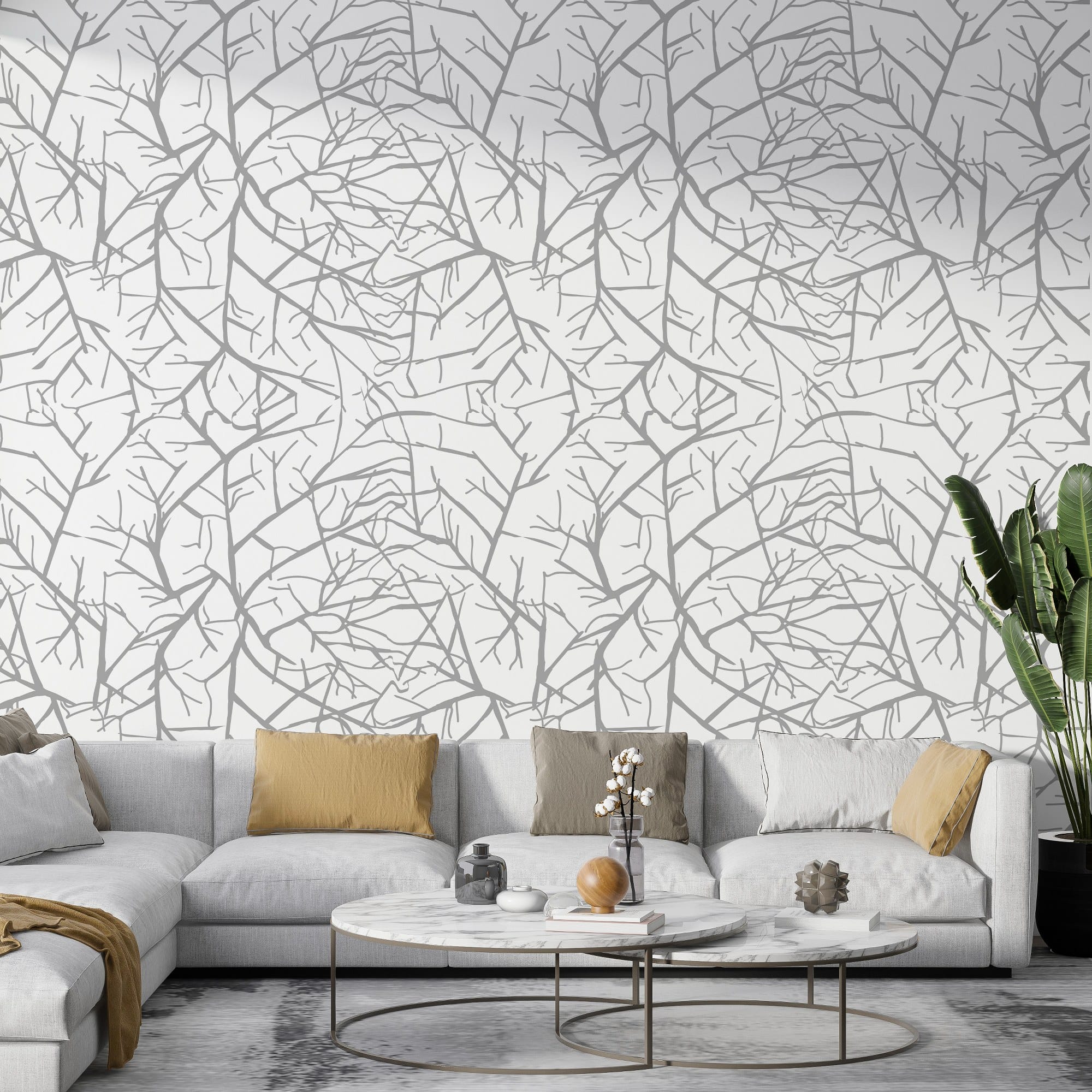 Boutique Silver Water Silk Sprig Fabric Wallpaper Covers an area up to 4.2mX3m with adhesive and smoothing tool