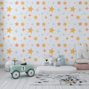 White for Kids With Small Pink and Gold Stars  Fabric Wallpaper Covers an area ​​up to 4.2mX3m with adhesive  and smoothing tool