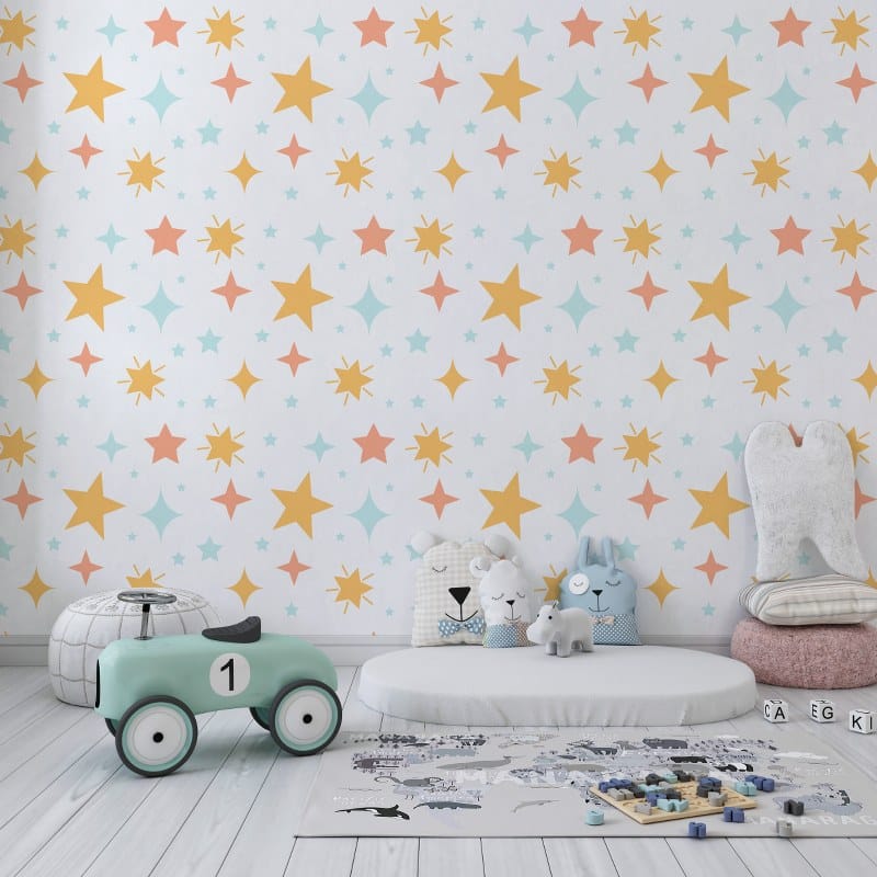 White for Kids With Small Pink and Gold Stars Fabric Wallpaper Covers an area up to 4.2mX3m with adhesive and smoothing tool