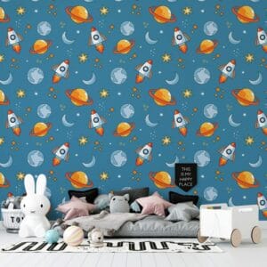 Space Pattern Inspiring for Kids  Fabric Wallpaper Covers an area ​​up to 4.2mX3m with adhesive  and smoothing tool