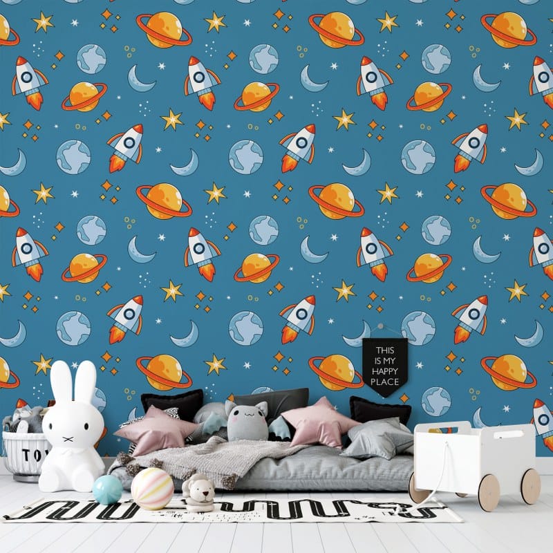 Space Pattern Inspiring for Kids Fabric Wallpaper Covers an area up to 4.2mX3m with adhesive and smoothing tool