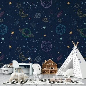Amazing Space Pattern Kids Fabric Wallpaper Covers an area ​​up to 4.2mX3m with adhesive  and smoothing tool