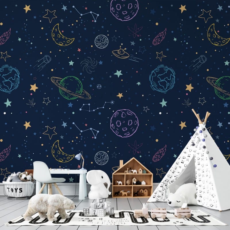 Amazing Space Pattern Kids Fabric Wallpaper Covers an area up to 4.2mX3m with adhesive and smoothing tool