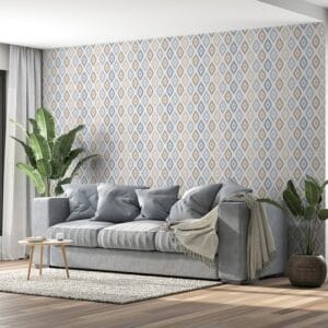 Blue and brown batik seamless pattern Fabric Wallpaper Covers an area ​​up to 4.2mX3m with adhesive  and smoothing tool
