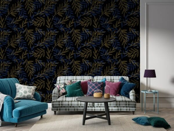 Blue and gold leaves pattern Fabric Wallpaper Covers an area ​​up to 4.2mX3m with adhesive  and smoothing tool
