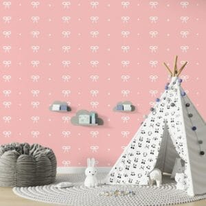 A pink with small bows  Fabric Wallpaper Covers an area ​​up to 4.2mX3m with adhesive  and smoothing tool