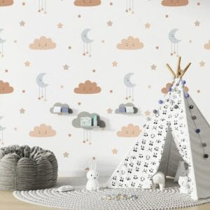 Sleepy Moon and clouds Kids  Fabric Wallpaper Covers an area ​​up to 4.2mX3m with adhesive  and smoothing tool