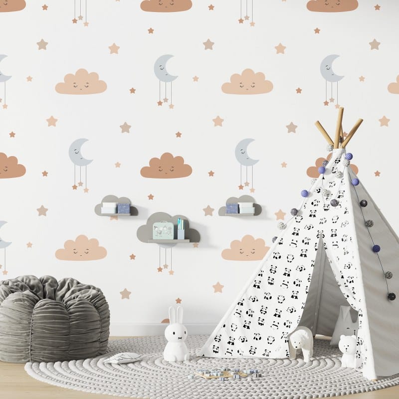 ورق حائط قماشي للأطفال منالقمر النائم والسحب يغطي مساحة تصل إلى 4.2 متر × 3 متر مع أداة لاصقة وتنعيم