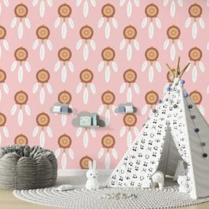 Beautiful Dreamcatcher on pink background Fabric Wallpaper Covers an area ​​up to 4.2mX3m with adhesive  and smoothing tool