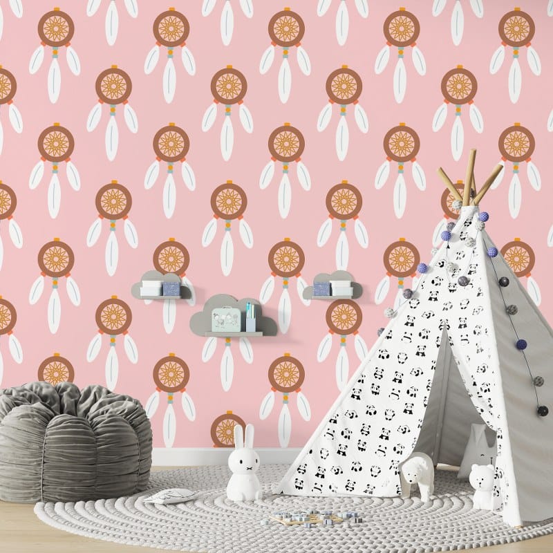Beautiful Dreamcatcher on pink background Fabric Wallpaper Covers an area up to 4.2mX3m with adhesive and smoothing tool