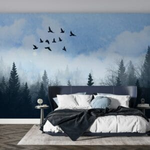 Beautiful Watercolour tree landscape Fabric Wallpaper Covers an area ​​up to 4.2mX3m with adhesive  and smoothing tool