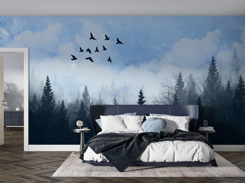 Beautiful Watercolour tree landscape Fabric Wallpaper Covers an area up to 4.2mX3m with adhesive and smoothing tool