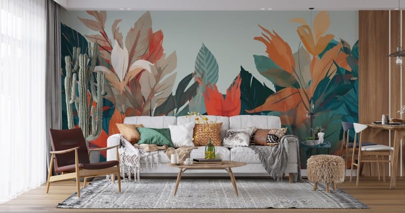 ورق حائط من القماش الاستوائي برسومات نباتية يغطي مساحة تصل إلى 4.2 متر × 3 متر مع أداة لاصقة وأداة تنعيم