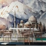 ورق حائط من القماش مخصص لمناظر الجبال الثلجية يغطي مساحة تصل إلى 4.2 متر × 3 متر باستخدام أداة لاصقة وتنعيم
