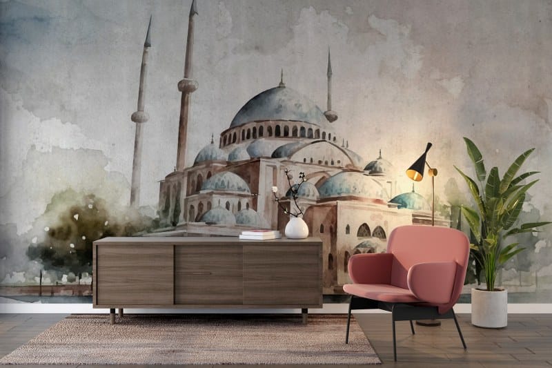 Beautiful Blue Mosque Istanbul Fabric Wallpaper Covers an area up to 4.2mX3m with adhesive and smoothing tool