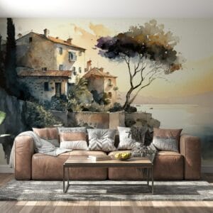 Stunning landscape painting with seaside city silhouette Fabric Wallpaper Covers an area up to 4.2mX3m with adhesive and smoothing tool