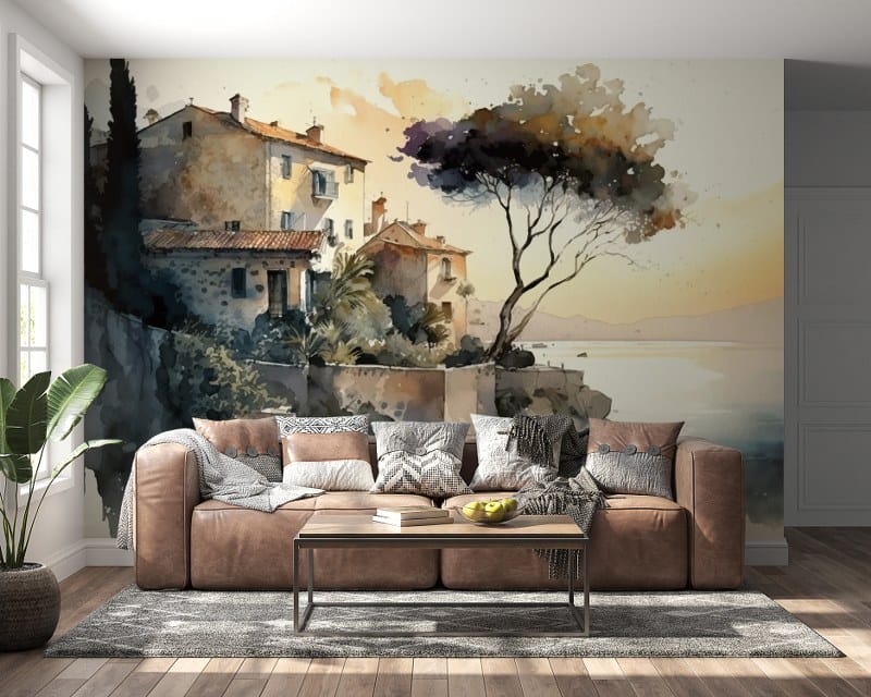 Stunning landscape painting with seaside city silhouette Fabric Wallpaper Covers an area up to 4.2mX3m with adhesive and smoothing tool