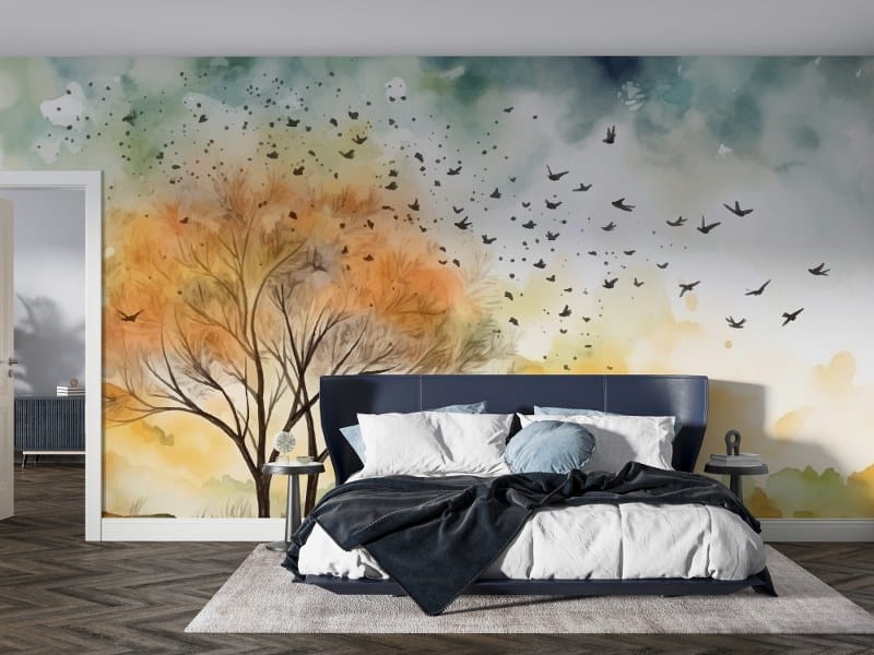 ورق حائط من القماش بألوان مائية على شكل شجرة الربيع مع طيور طائرة يغطي مساحة تصل إلى 4.2 متر × 3 متر باستخدام أداة لاصقة وأداة تنعيم