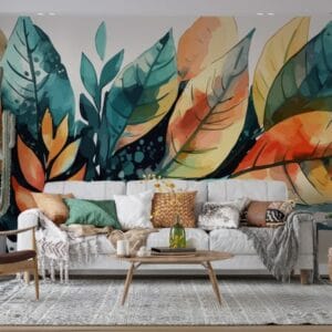 Colorful Lined Palm Leaves Fabric Wallpaper Covers an area ​​up to 4.2mX3m with adhesive  and smoothing tool