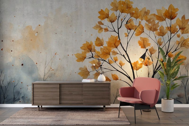 Beautiful tree leaves in the autumn seas Fabric Wallpaper Covers an area up to 4.2mX3m with adhesive and smoothing tool