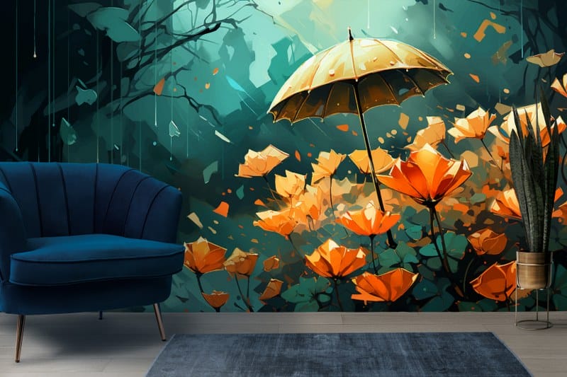 Umbrella in autumn blossom of rainy day Fabric Wallpaper Covers an area up to 4.2mX3m with adhesive and smoothing tool