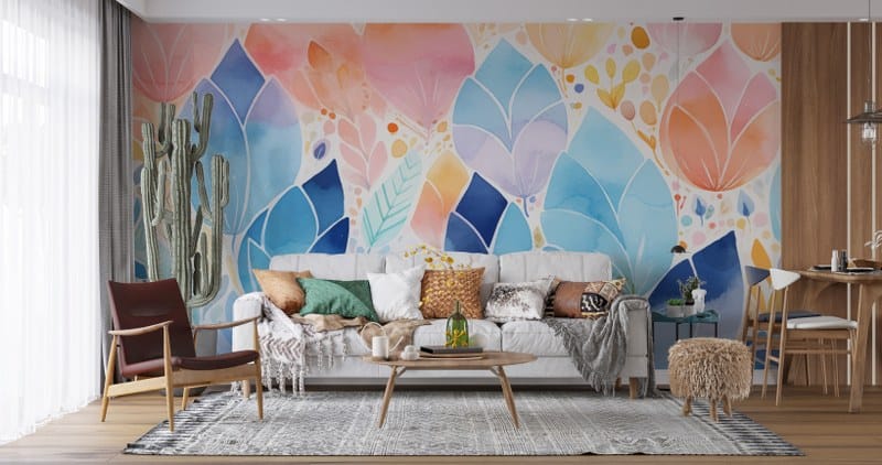 Amazing Blue and Pink colored tree leaves Fabric Wallpaper Covers an area up to 4.2mX3m with adhesive and smoothing tool