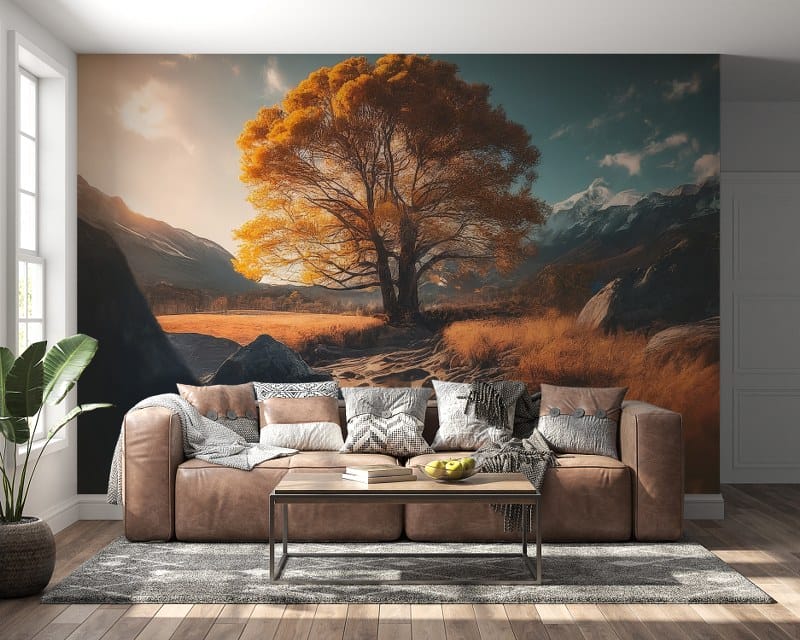 An Autumn orange tree peaceful landscape Fabric Wallpaper Covers an area up to 4.2mX3m with adhesive and smoothing tool
