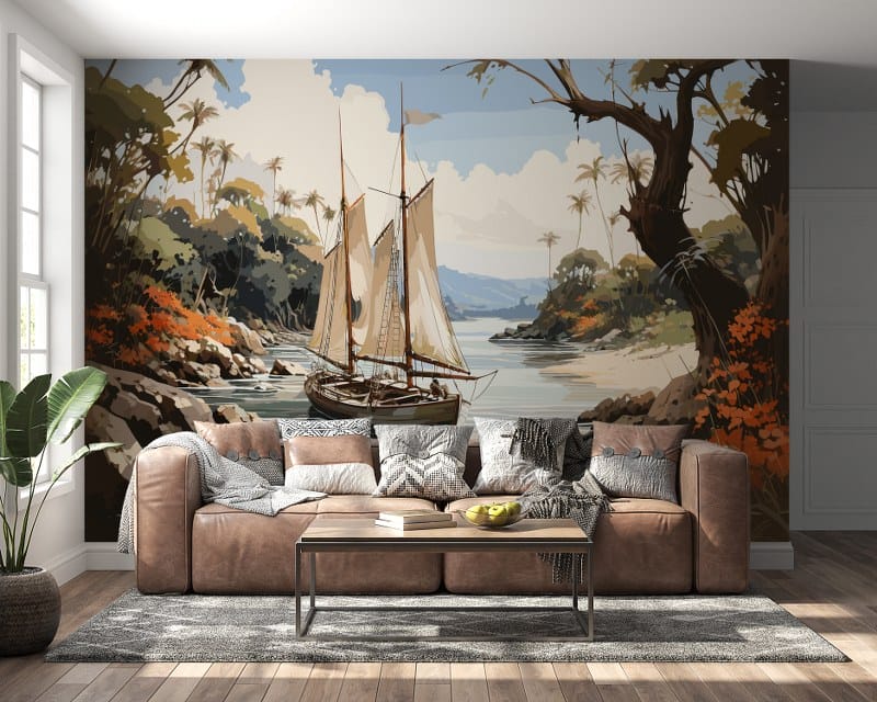 Beautiful background with sea and palm trees Fabric Wallpaper Covers an area up to 4.2mX3m with adhesive and smoothing tool