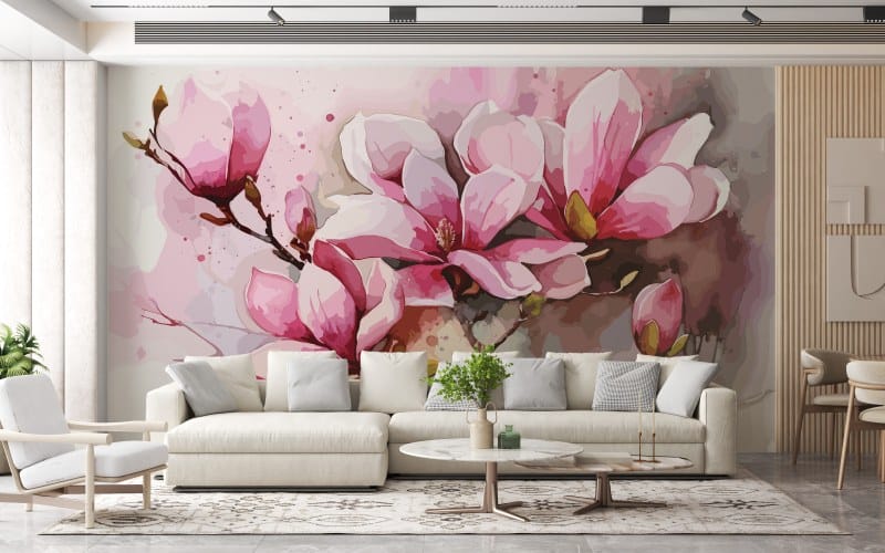 Beautiful Pink Magnolia pink flowers Fabric Wallpaper Covers an area up to 4.2mX3m with adhesive and smoothing tool