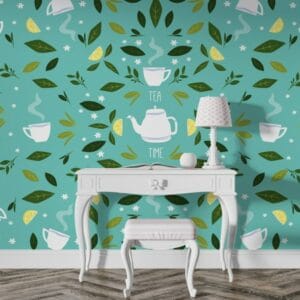 Green leaves with cups of Tea seamless pattern Fabric Wallpaper Covers an area up to 4.2mX3m with adhesive and smoothing tool