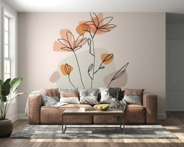 Watercolor Abstract Flower Line Art Fabric Wallpaper Covers an area ​​up to 4.2mX3m with adhesive  and smoothing tool