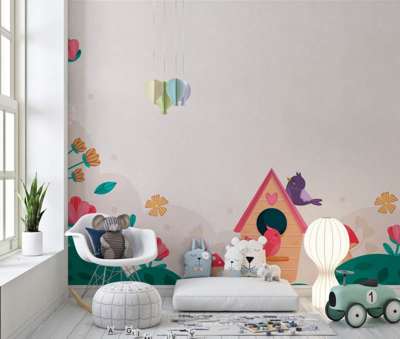 Painted Flowers And Green Leaves Fabric Wallpaper Covers an area up to 4.2mX3m with adhesive and smoothing tool