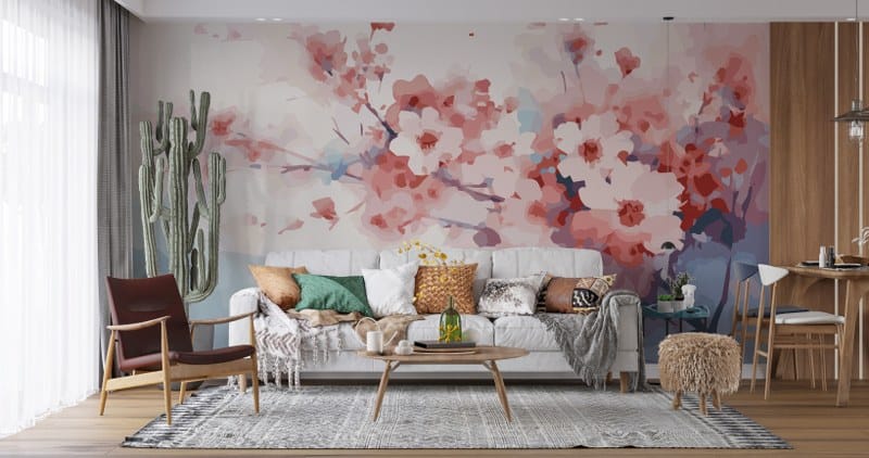 Acrylic paintings of spring blossoms Fabric Wallpaper Covers an area up to 4.2mX3m with adhesive and smoothing tool