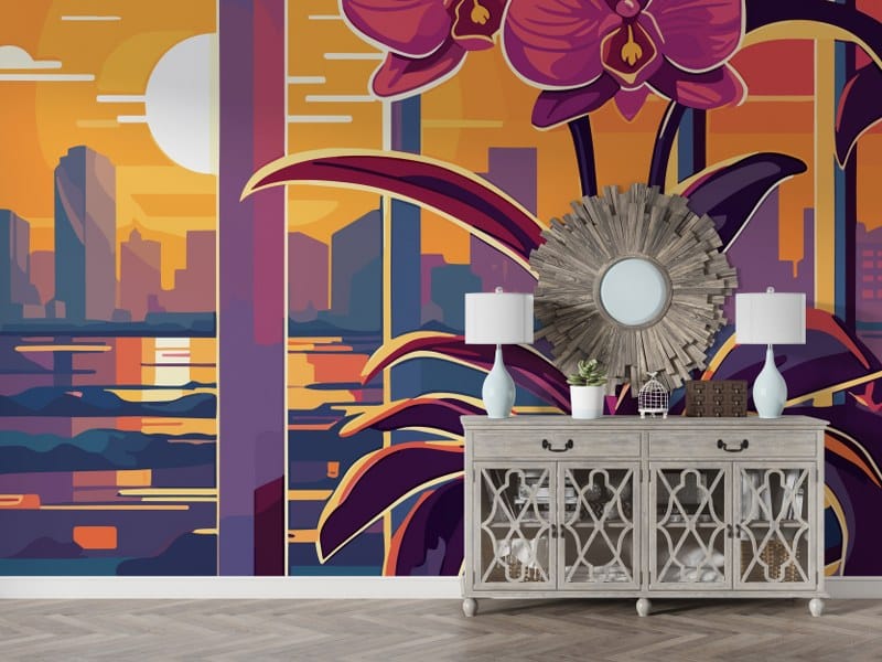 Tropical flower in multi color Fabric Wallpaper Covers an area up to 4.2mX3m with adhesive and smoothing tool