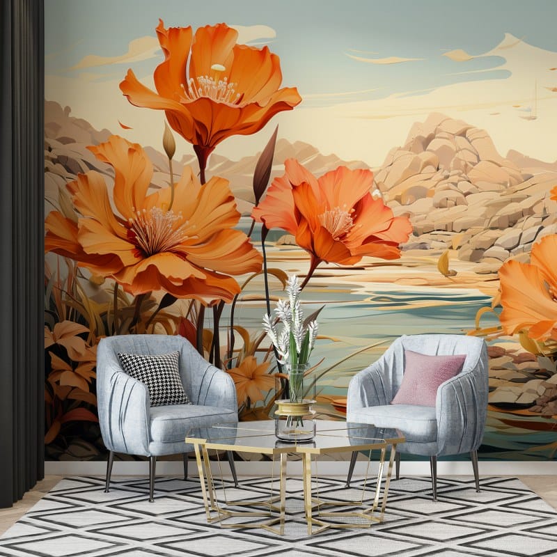 Floral watercolor summer poster with tropical leaves Fabric Wallpaper Covers an area up to 4.2mX3m with adhesive and smoothing tool