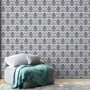 A blue and white damask pattern with swirls and leaves. Fabric Wallpaper Covers an area ​​up to 4.2mX3m with adhesive  and smoothing tool