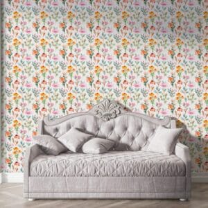 illustration of trendy floral vintage style flowers background Fabric Wallpaper Covers an area ​​up to 4.2mX3m with adhesive  and smoothing tool