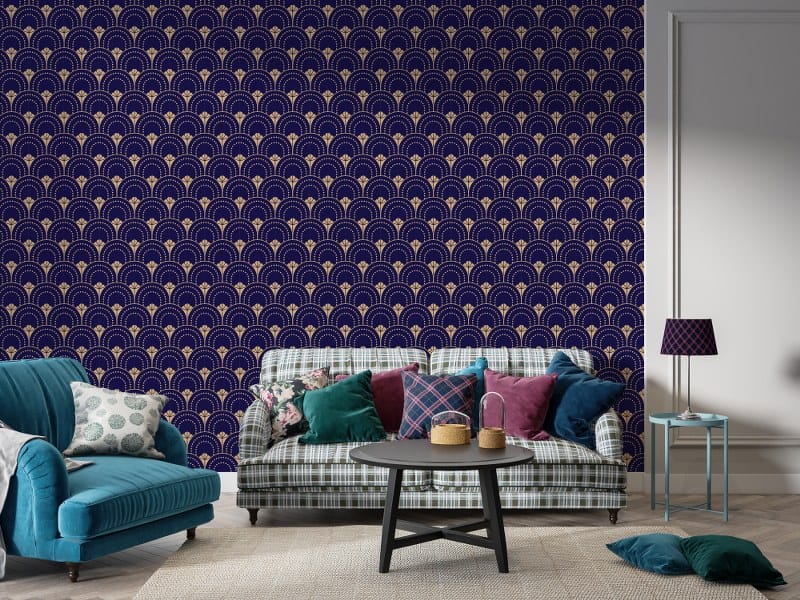 Pattern navy blue ornament luxury Fabric Wallpaper Covers an area up to 4.2mX3m with adhesive and smoothing tool