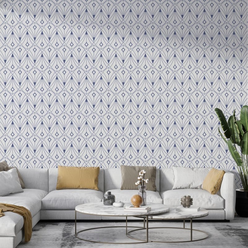 Cream and Blue Fan Geometric Fabric Wallpaper Covers an area up to 4.2mX3m with adhesive and smoothing tool