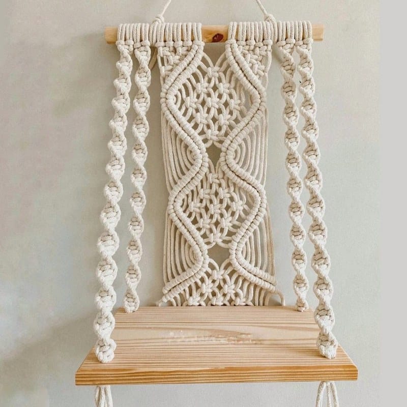 Macrame Wall Hanging Boho Handmade Floating Wooden Shelf