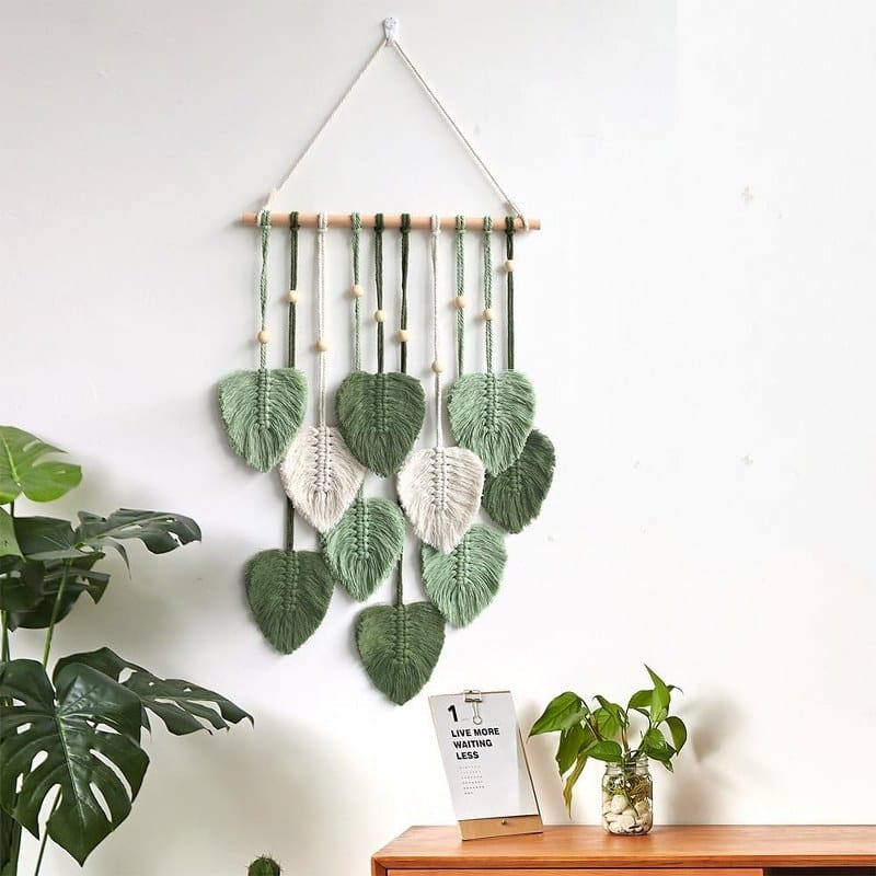 Macrame Tapestry Handmade with Green Leaves