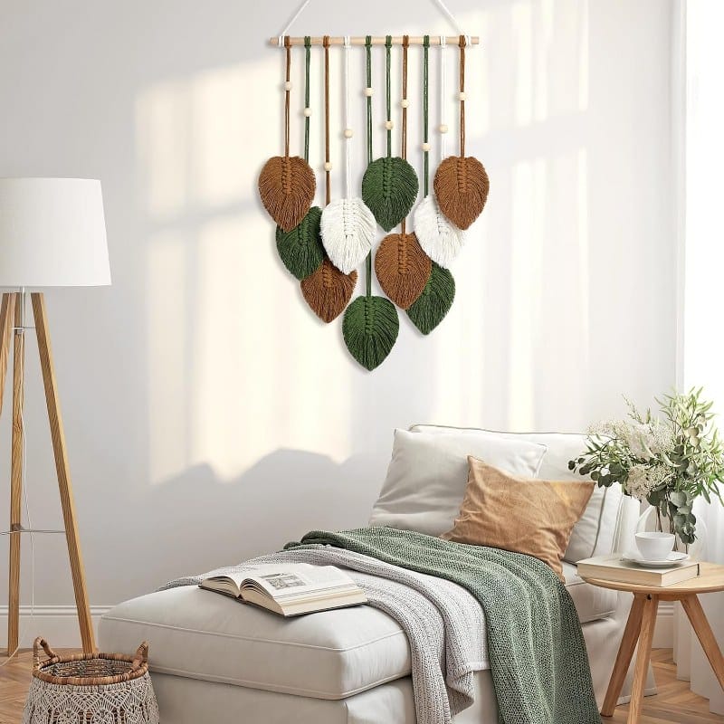 Macrame Tapestry Handmade with brown and Green Leaves