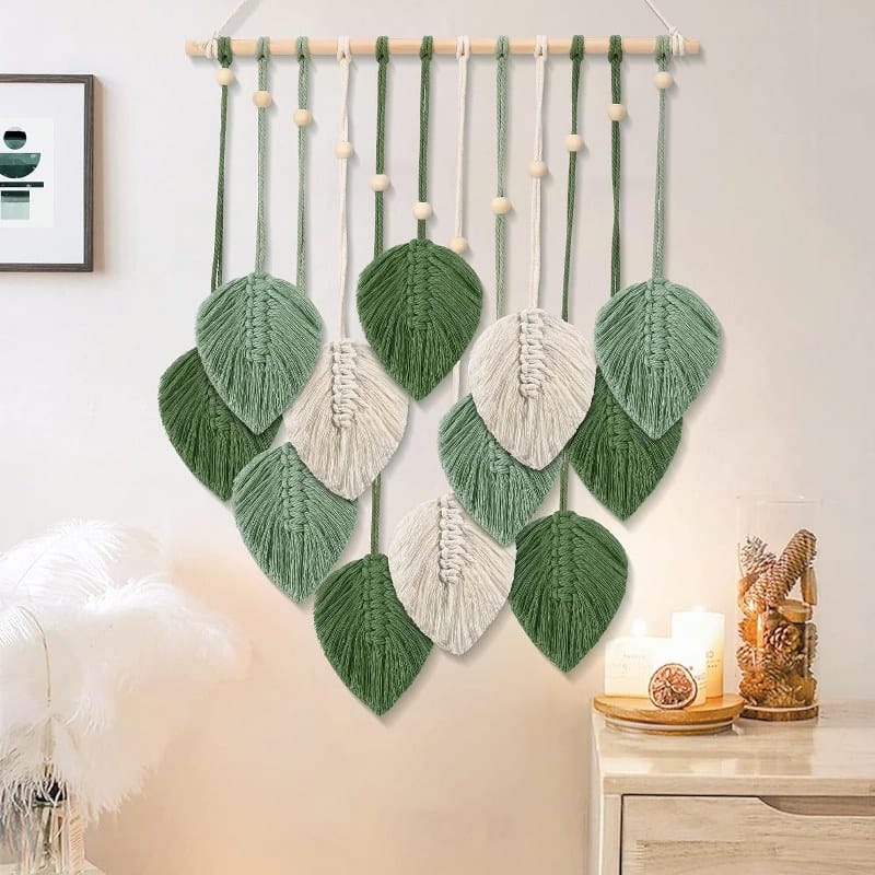 Boho Wall Decor Handmade Green Feather Tapestry