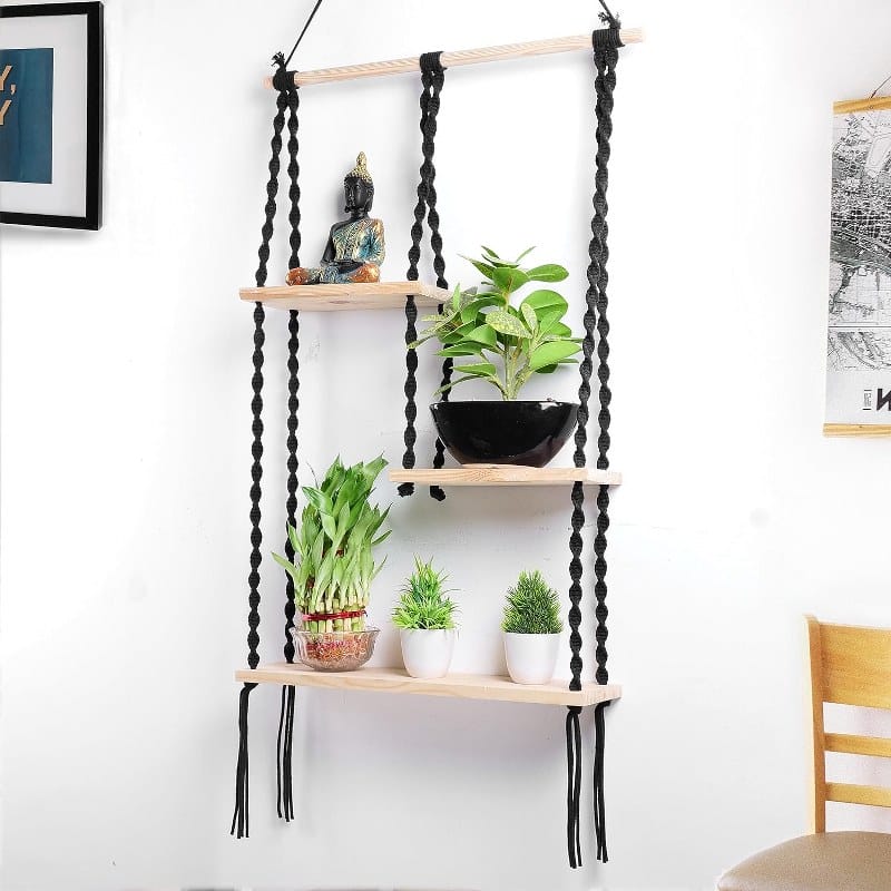 رف عائم من 3 طبقات من الحبال، جدارية من المكرميه مصنوعة يدويًا