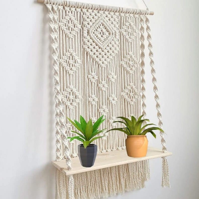 Macrame Wall Hanging with Floating Wooden Shelf