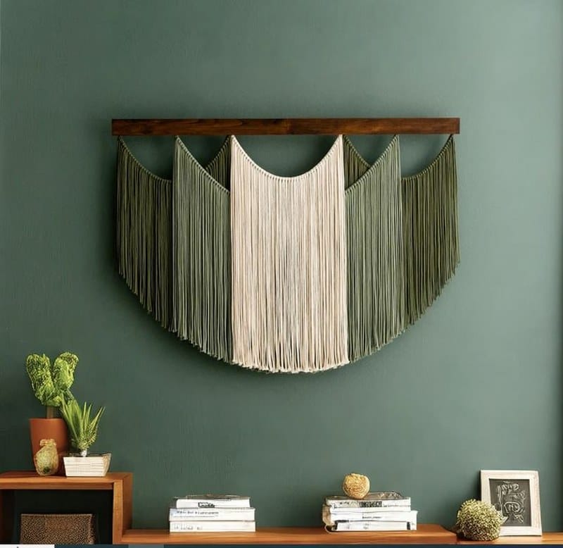 مكرميه خيوط خضراء معلقة على الحائط مصنوعة يدويًا